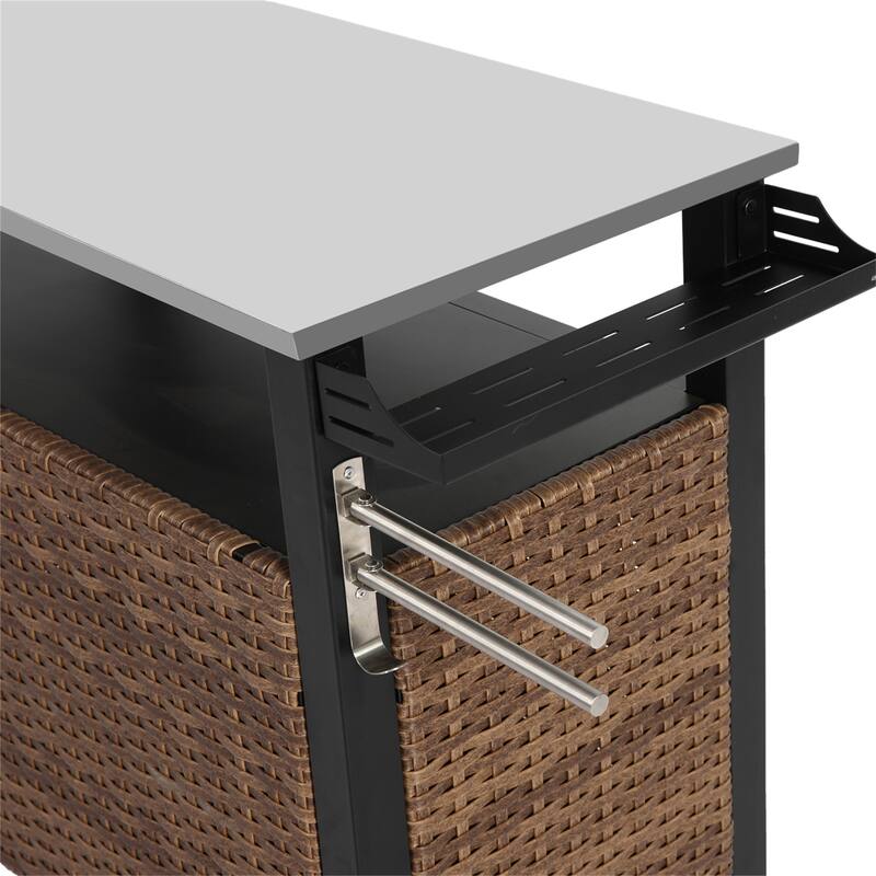 Outdoor Wicker Rolling Island w/ Stainless Steel Extended Top,Handle