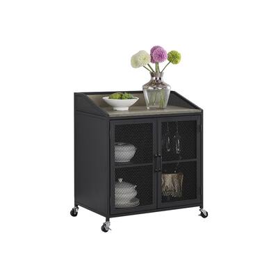 2 Doors Wine Cabinet with Wire Mesh Doors and Wheels in Grey Wash and Sandy Black