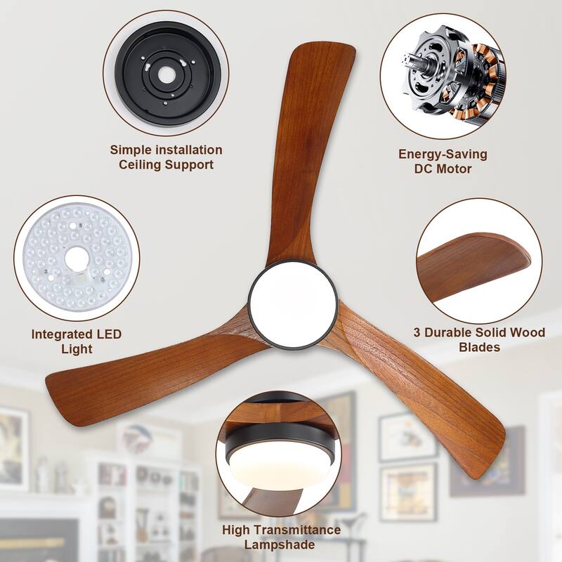 Sofucor 42“/52"/60"/48" Noiseless Walnut Wood Ceiling Fan with Remote Control, Integrated Light Optional
