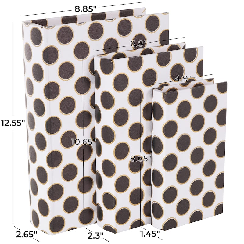 Faux Leather Polka Dot Faux Book Storage Box with Black and Metallic Gold Accents - Set of 3 White - Roche River Decor