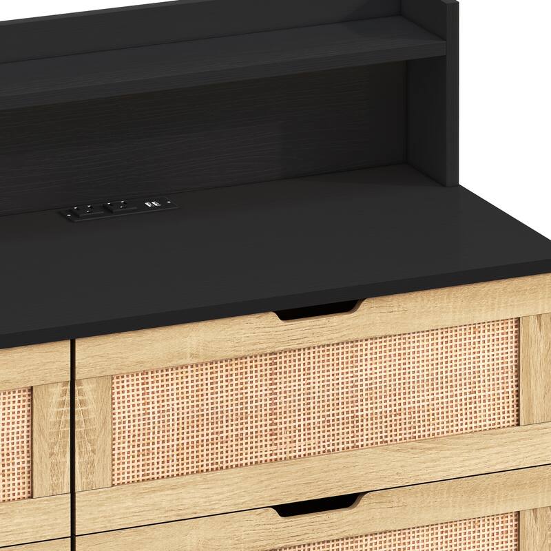 6-Drawers Rattan Storage Cabinet with LED Lights and Power Outlet