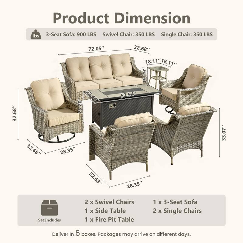 HOOOWOOO 7-piece Wicker Rattan Outdoor High Back Conversation Set with 54" Fire Pit