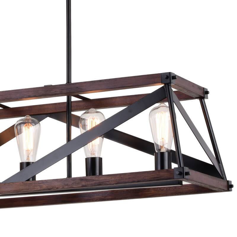 Wade 5L Black and Wood Rustic Cage Linear Chandelier Island Pendant Light Fixture - 36.75-in W x 10.75-in H x 12.75-in D