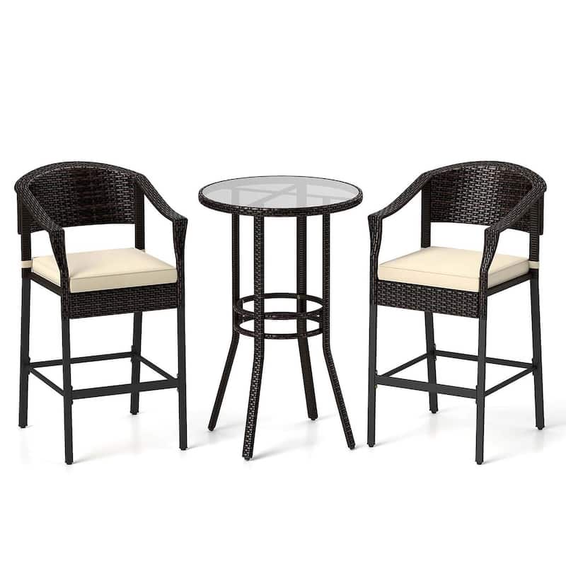 3PCS Patio Rattan Bar Set Cushioned High Top Bistro Furniture - Mix Brown＆Off White