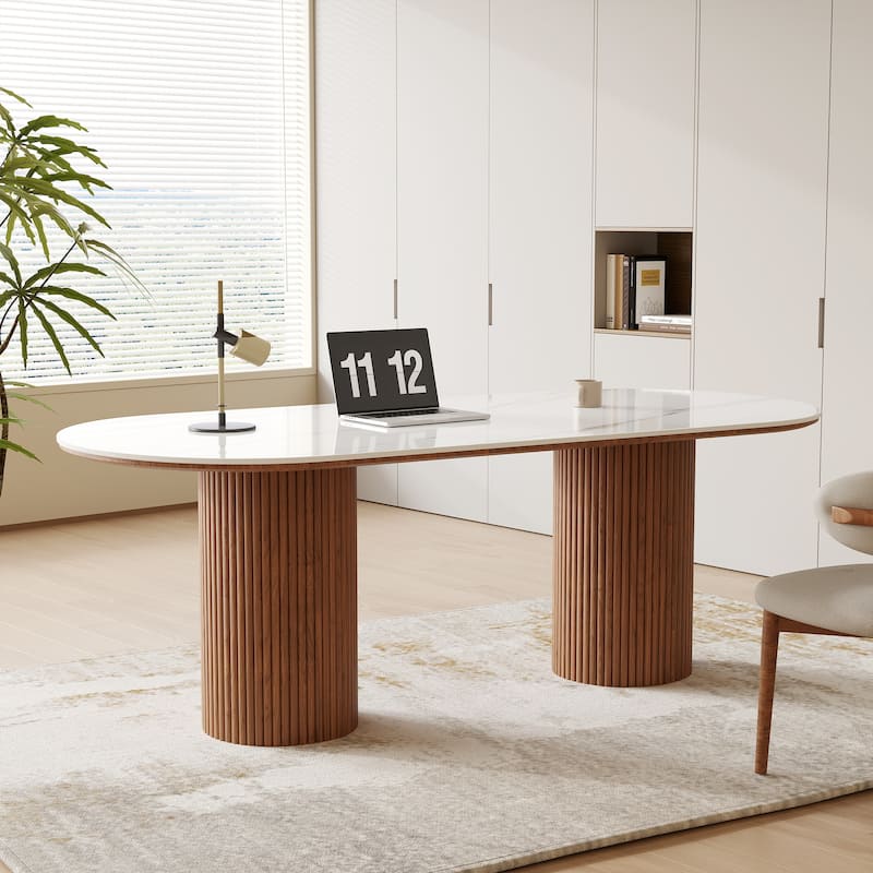 71" Modern Oval Writing Desk,Glossy White Office Table,with Double Solid Wood Legs, 3 Colors Optional