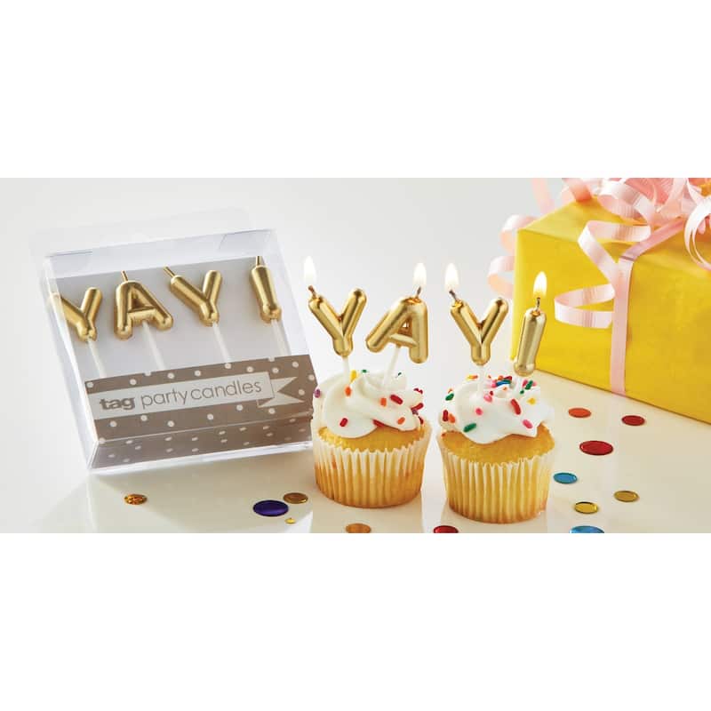 Yay! Candle Set Paraffin Wax Plastic Pick Gold Letters Birthday Party Decor