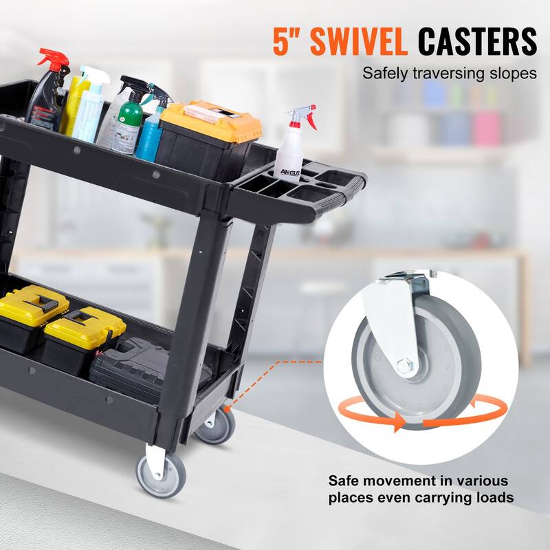 Black Plastic 2 Storage Shelf Rolling Utility Service Cart Swivel Lockable Wheels and Ergonomic Push Handle
