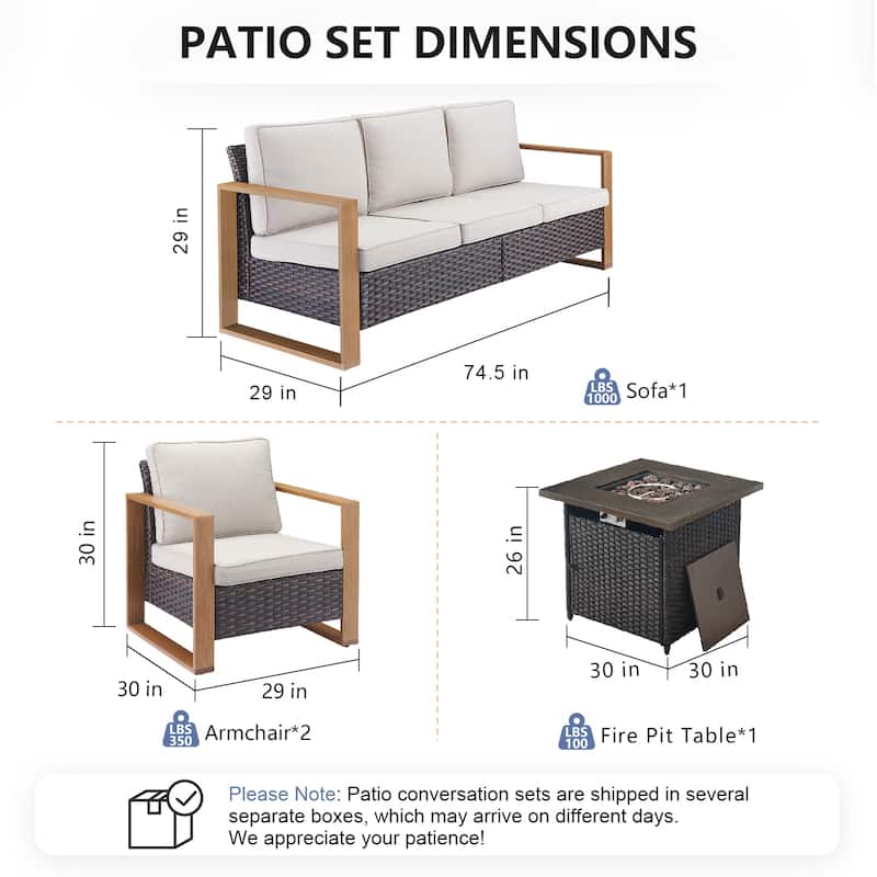 Pocassy Outdoor Fire Pit with 3-Seat Sofa Club Chairs Patio Furniture Set
