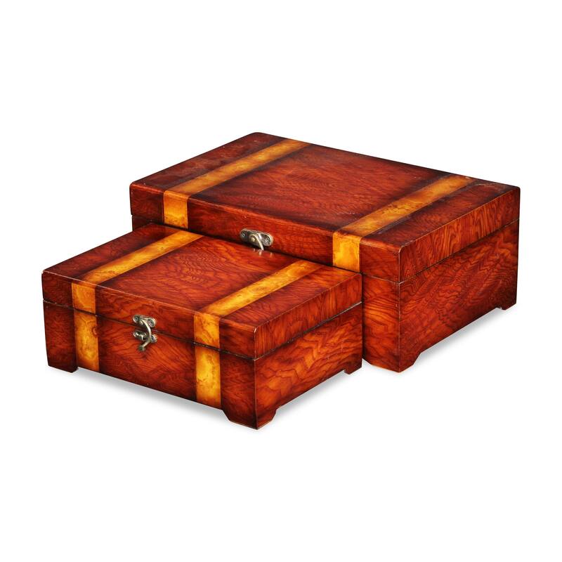 Brown Burlwood Veneer Rectangular Storage Boxes (Set of 2)
