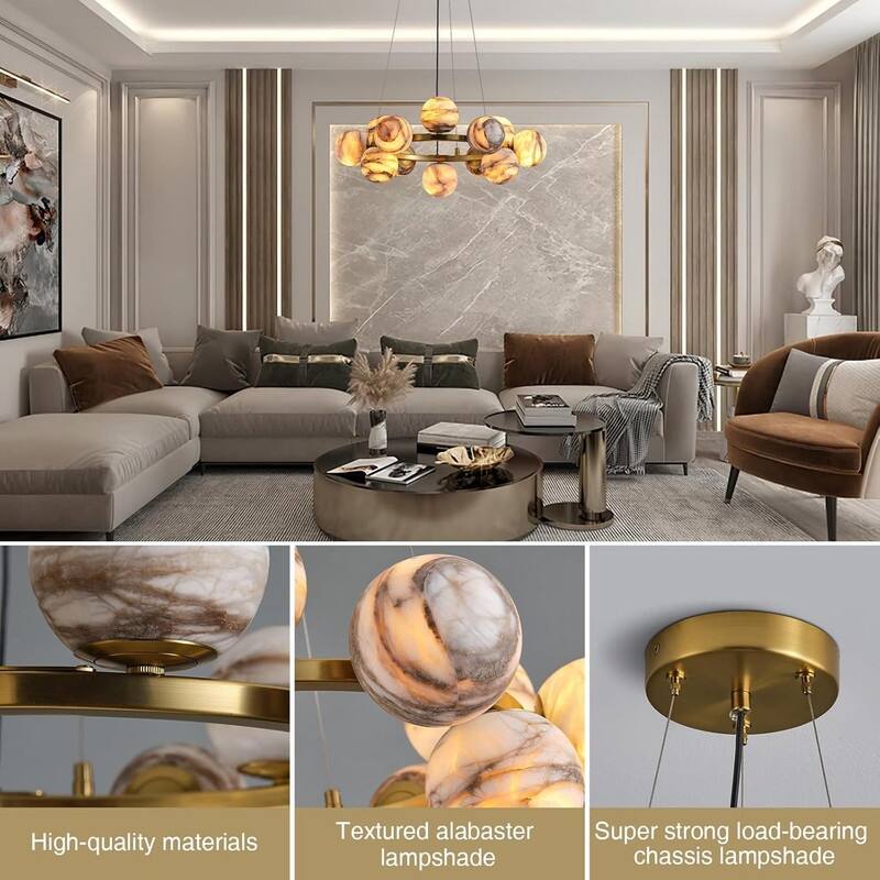 KAYLA Modern Sputnik Alabaster Chandelier, 18 Light Gold & Smoked Alabaster Globe Chandeliers