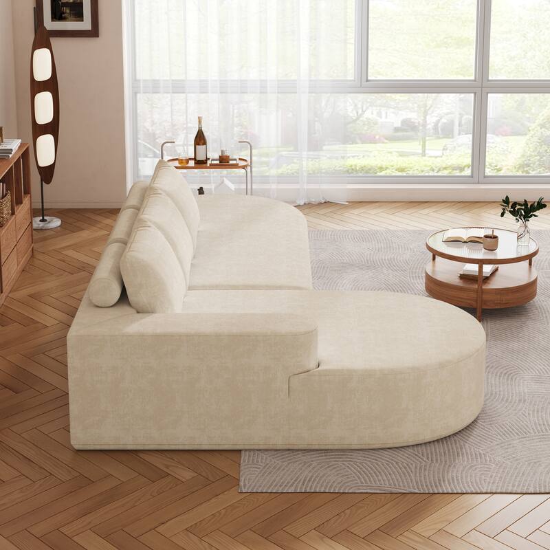 L Shaped Modular Curved Sectional Sofa, Chenille Upholstered 3 Seat Sofa, Corner Sofa with 3 Pillows for Living Room, Bedroom