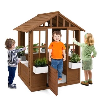 Natural White Fir Wood Kids Playhouse with Flowerpot Holders and Large Windows - 47.5" L x 38.5" W x 54" H