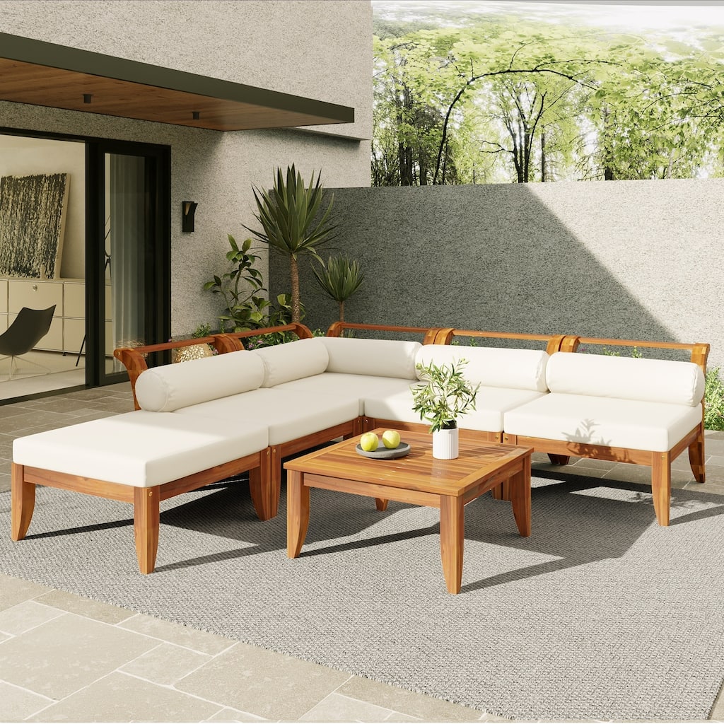 Sofucor 6 Piece Patio Sofa Set,Acacia Wood Outdoor Garden Furniture L-Shaped Conversation Set,with Cushions and Pillows - N/A