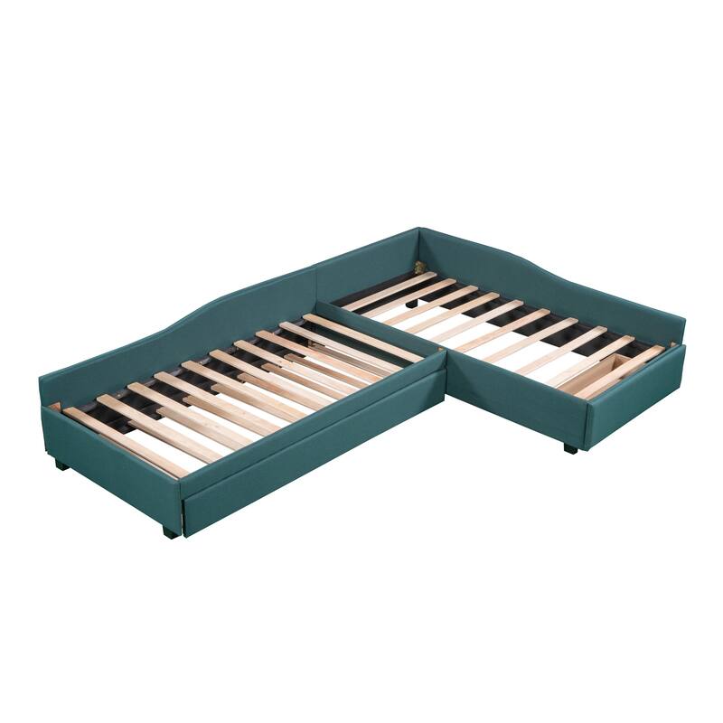Roomfitters Upholstered Double Twin Daybed with Trundle and Side Compartment Storage
