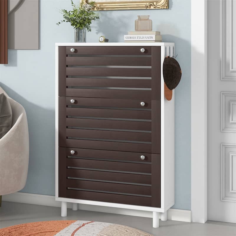 Merax Minimalist Slim Shoe Cabinet with Hanging Hooks, 3 Flip Drawers