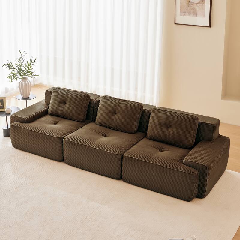 Roomfitters No Assembly Modular Sofa, 117 Inch Corduroy 3-Seater with Piping, Brown