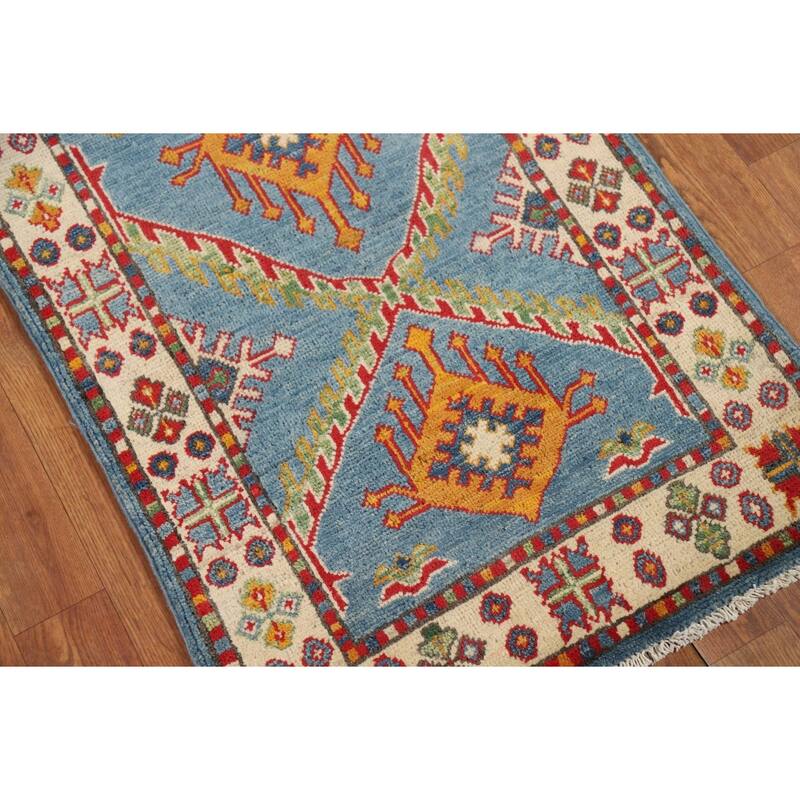 Light Blue Geometric Kazak Foyer Rug Handmade Wool Carpet - 2'0" x 3'0"