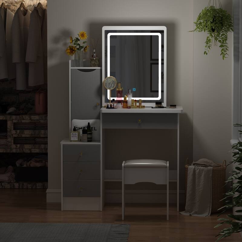 Makeup Vanity Set with Sliding Lighted Mirror & Stool - Hidden Shelves - 33"L x 15.7"W x 52.4"H