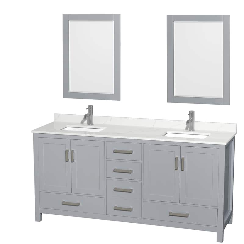 Sheffield 72-inch Double Vanity,Single Hole Quartz Top,24-inch Mirrors - Gray, Chrome Trim, Giotto Quartz Top
