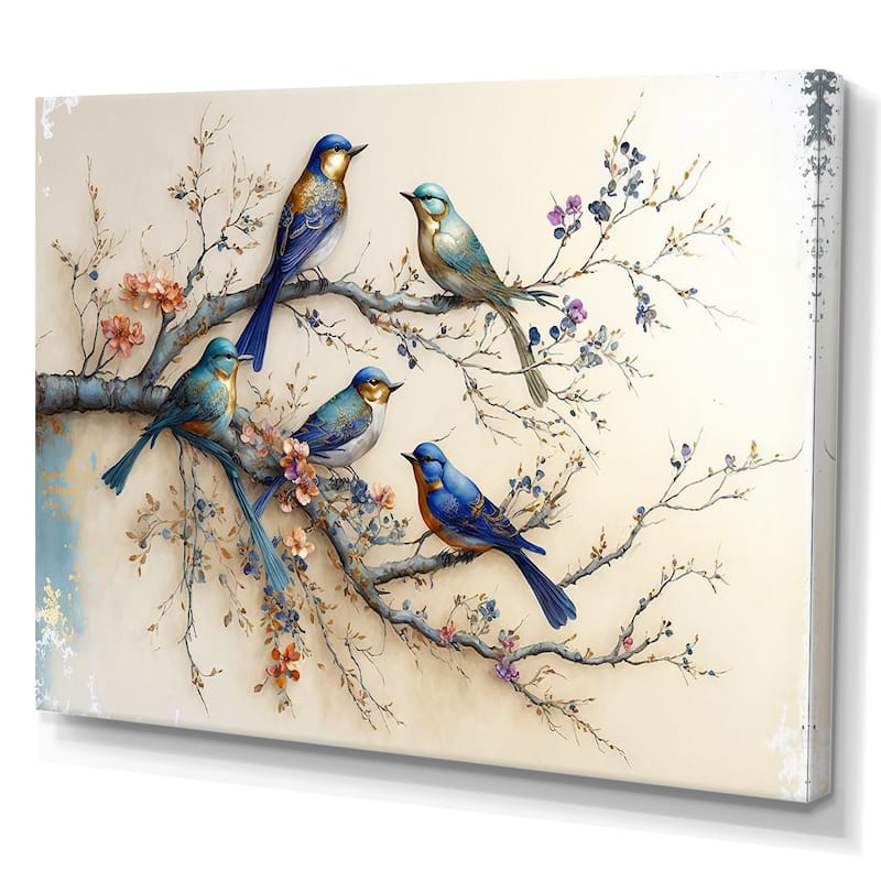 Designart 'Multicolor Birds On Plum Blossoms Tree X' Animals Canvas Wall Art