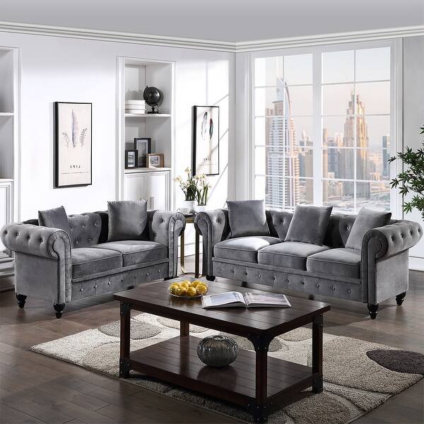 Merax 2 Pieces Classic Chesterfield Sofa Set Tufted Velvet Upholstered Loveseat 3 Seat Sofa Roll Arm 5 Pillows Included Overstock 32465887