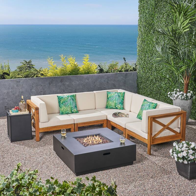 Culatra Outdoor Acacia Wood 5 Seater Sectional Sofa Set with Fire Pit by Christopher Knight Home - teak finish + dark gray + beige cushion