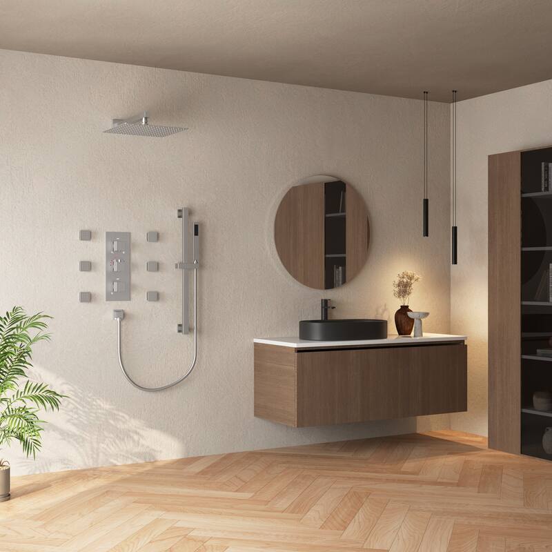 Thermostatic Shower System 12" High-Pressure Rainfall Shower Head with Slide Bar Hand Shower
