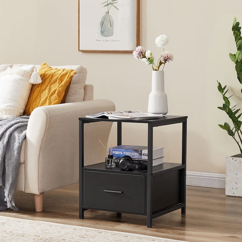 Javlergo Square Design Nightstand with Open Shelf and Drawer Multiple Storage for Bedroom or Living Room End Table