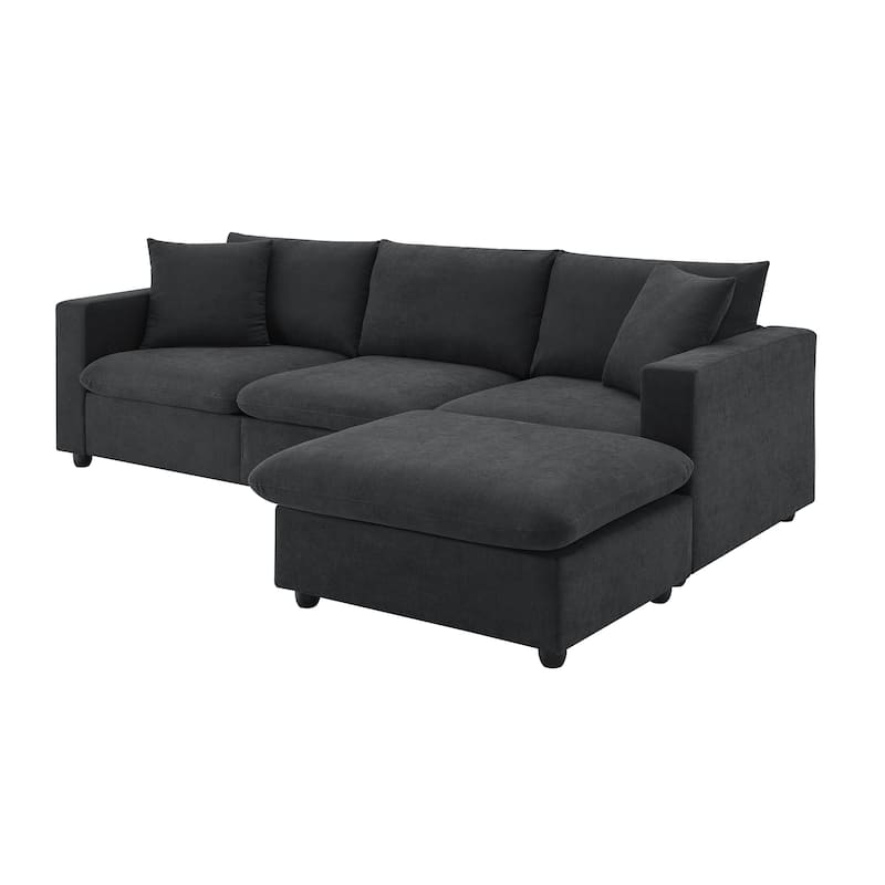 L-shaped Couch Set with 2 Free pillows,4-seat Polyester Fabric Couch Set with Convertible Ottoman for Living Room, Apartment