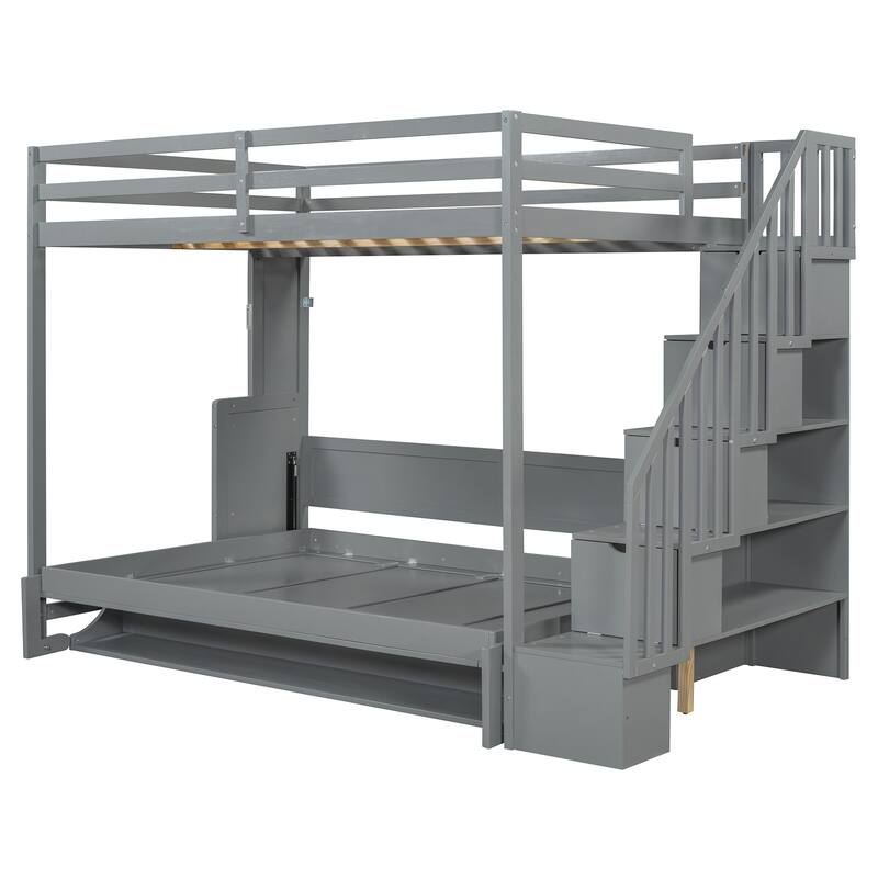 Roomfitters Full Size Murphy Bunk Bed with Hydraulic Lift and Hidden Desk, Convertible Design, Grey
