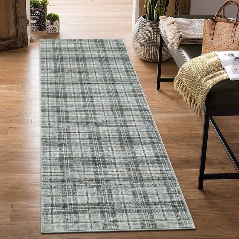 Washable Area Rugs for Living Room Bedroom Modern Plaid Rug Soft Non Slip Low Pile Farmhouse Geometric Rug - 2'x8' - Greenish Grey