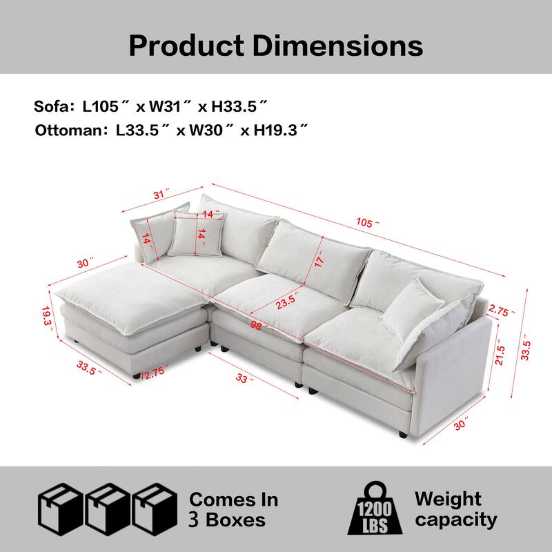 105" L-Shaped Modular Sectional Sofa with Ottoman, Soft Chenille Upholstery, 3-Seater Couch