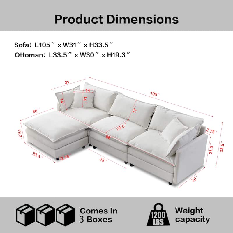 L Shaped Modular Sectional Sofa, Comfy Chenille Deep Seat Cloud Sofa, Upholstered 3 Seat Sofa with Removable Ottoman