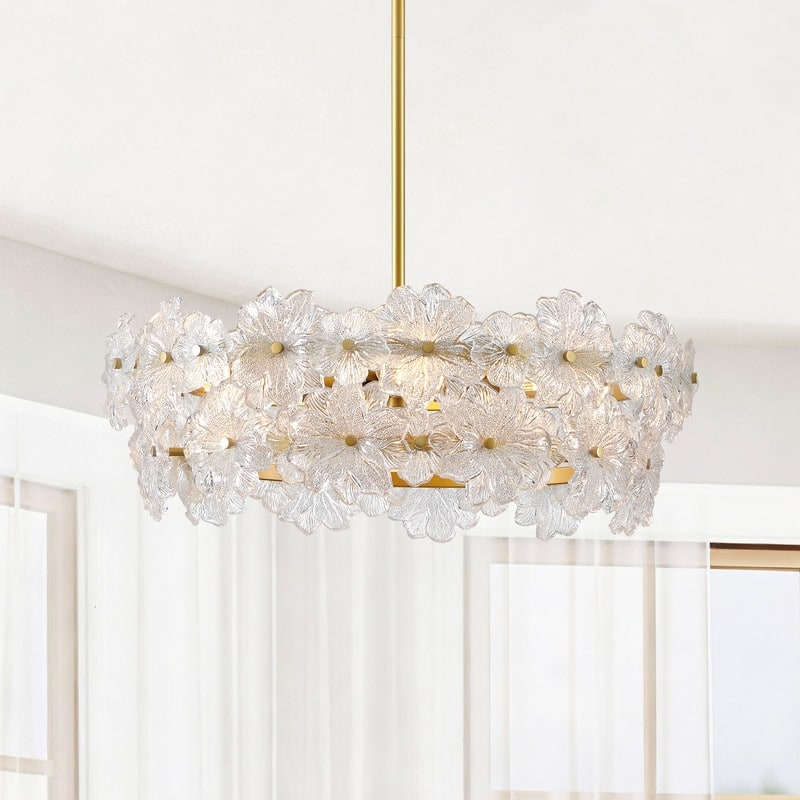KAWOTI Modern Glam 2-Tier Floral Glass Chandelier Painted Gold - W22.5" x D7.25" X H50.5"