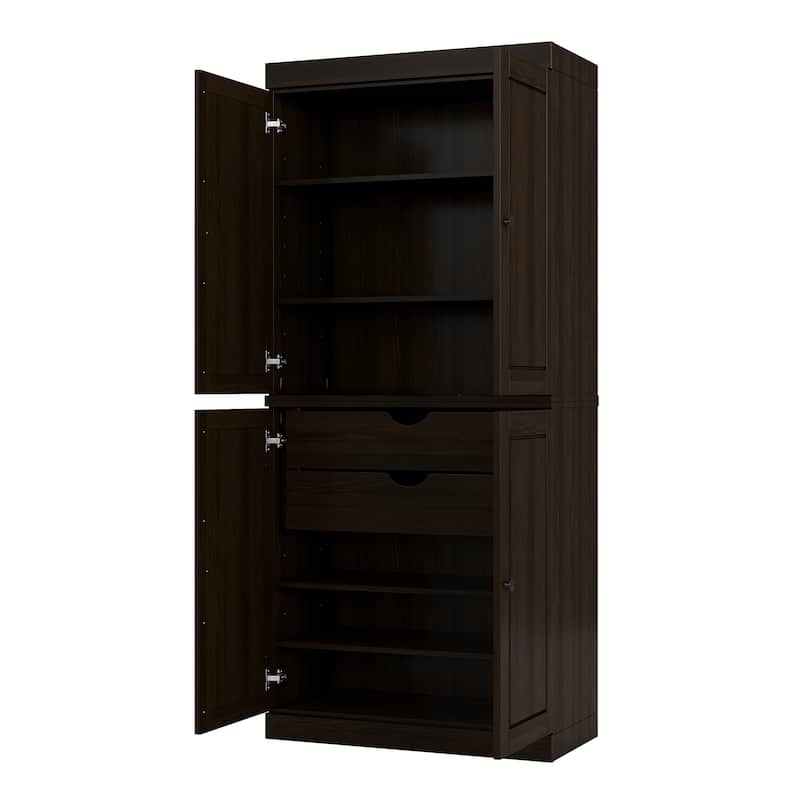 Solid Wood Tall Freestanding Bathroom Linen Cabinet with Doors & 2 Drawers, Adjustable Shelves, Modular Storage, 32" W x 71.5" H - Espresso