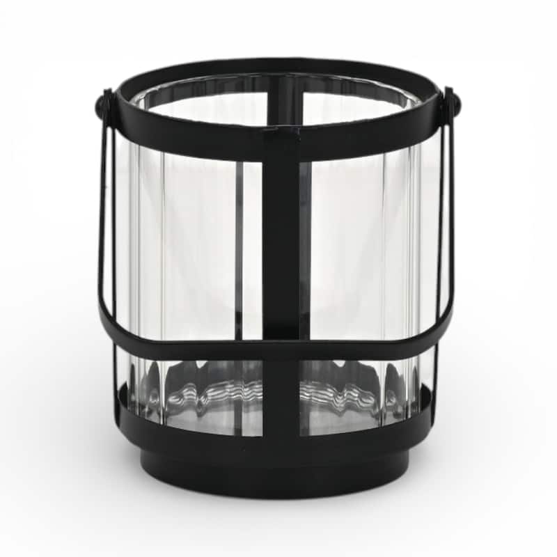 Vortial Fluted Glass Candle Lantern with Black Metal Frame