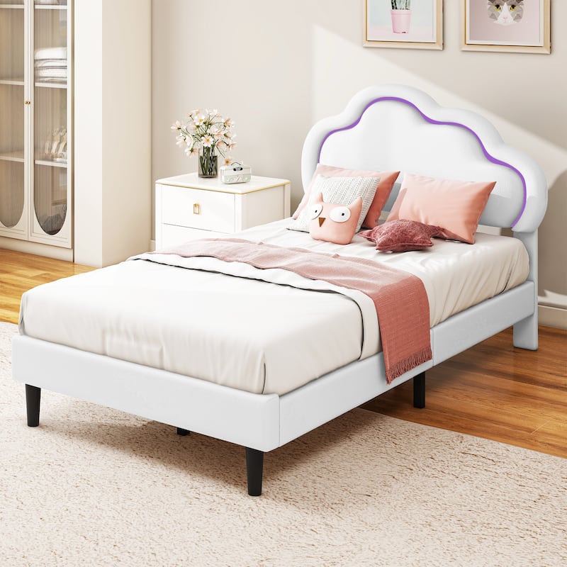 Moasis PU Adjustable Cloud Headboard Bed Frame Platform with LED - White - Twin