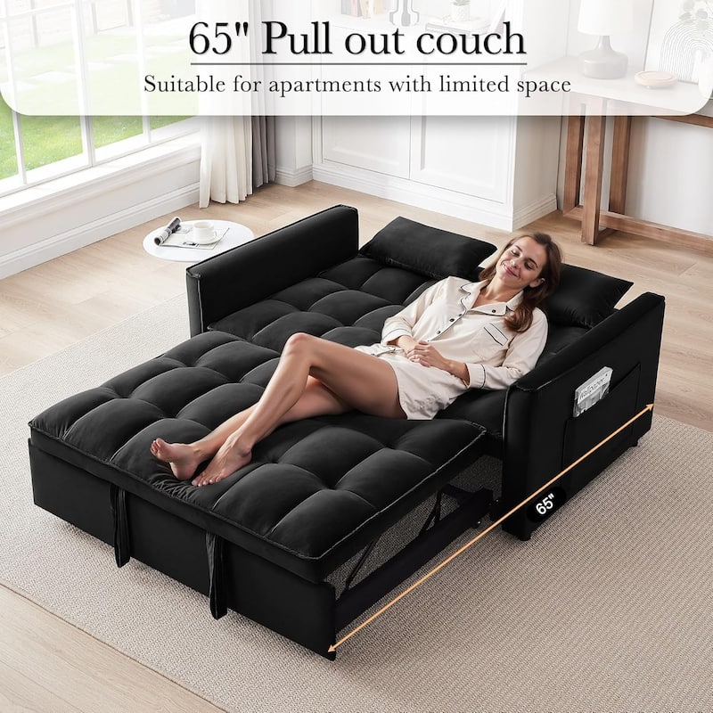 3 in 1 Convertible Sleeper Sofa Bed, Futon Couches for Living Room with Side Pocket, Adjustable Backrest