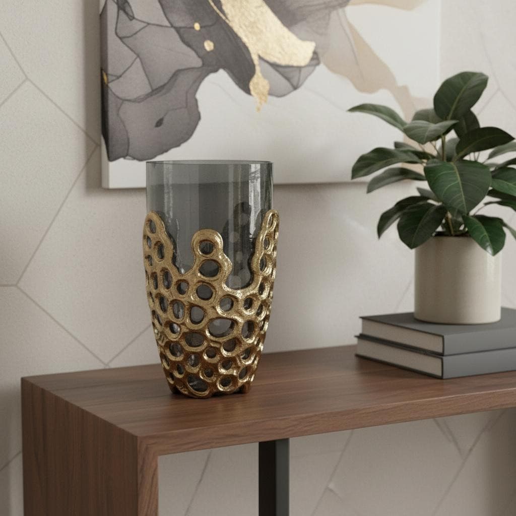 11" Black And Gold Glass And Aluminum Geo Circles Table Vase - 6.50