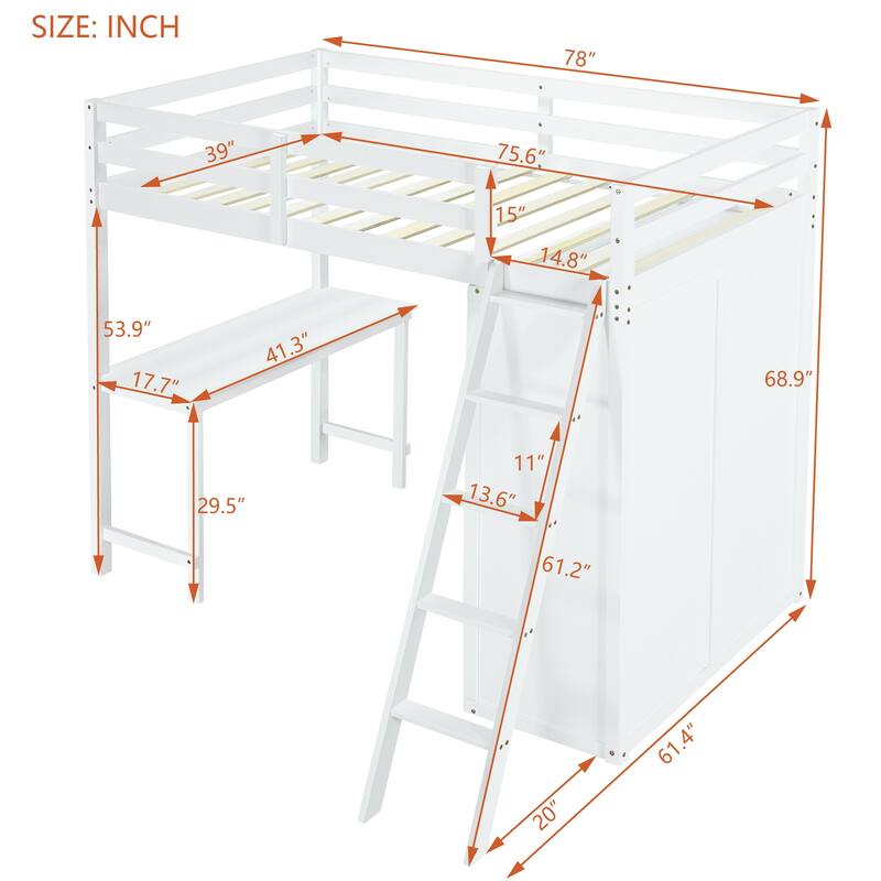 Twin/Full Size Wood Loft Bed with Built-in Desk, Wardrobe and Ladder