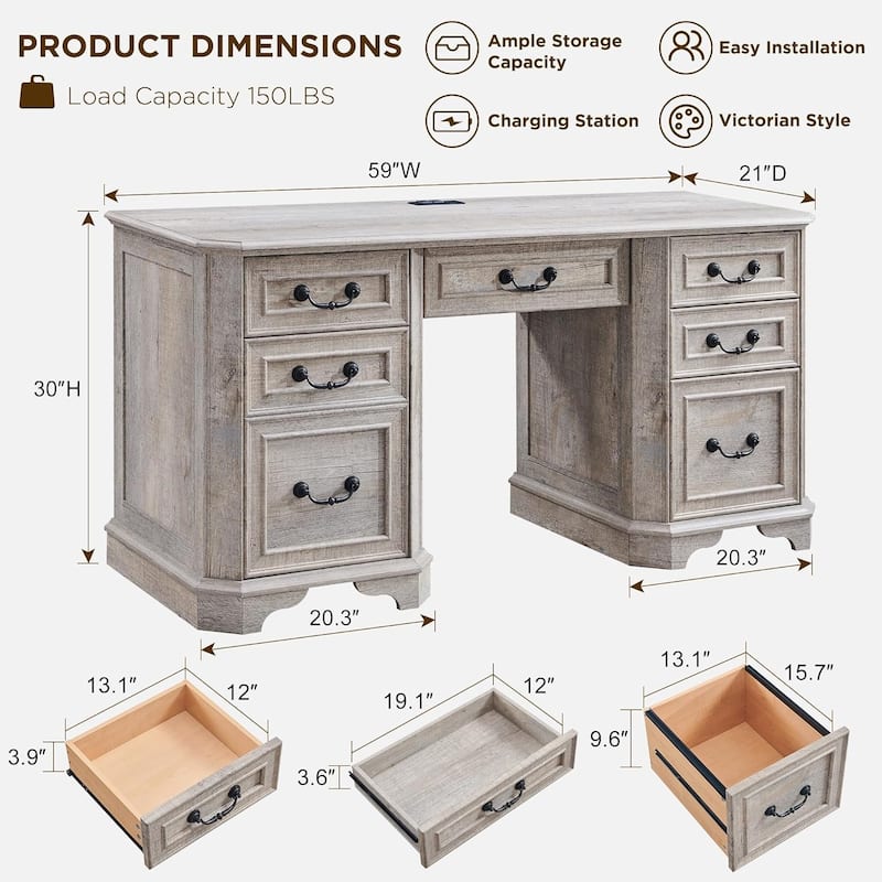Farmhouse Executive Desk with Drawers, Wood Home Office Computer Desk