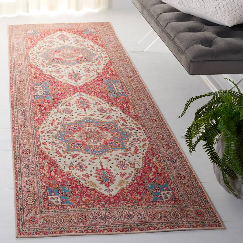 SAFAVIEH Tucson Machine Washable Slip Resistant Mazie Oriental Medallion - 2' 6" x 8' - Red/Beige - Runner