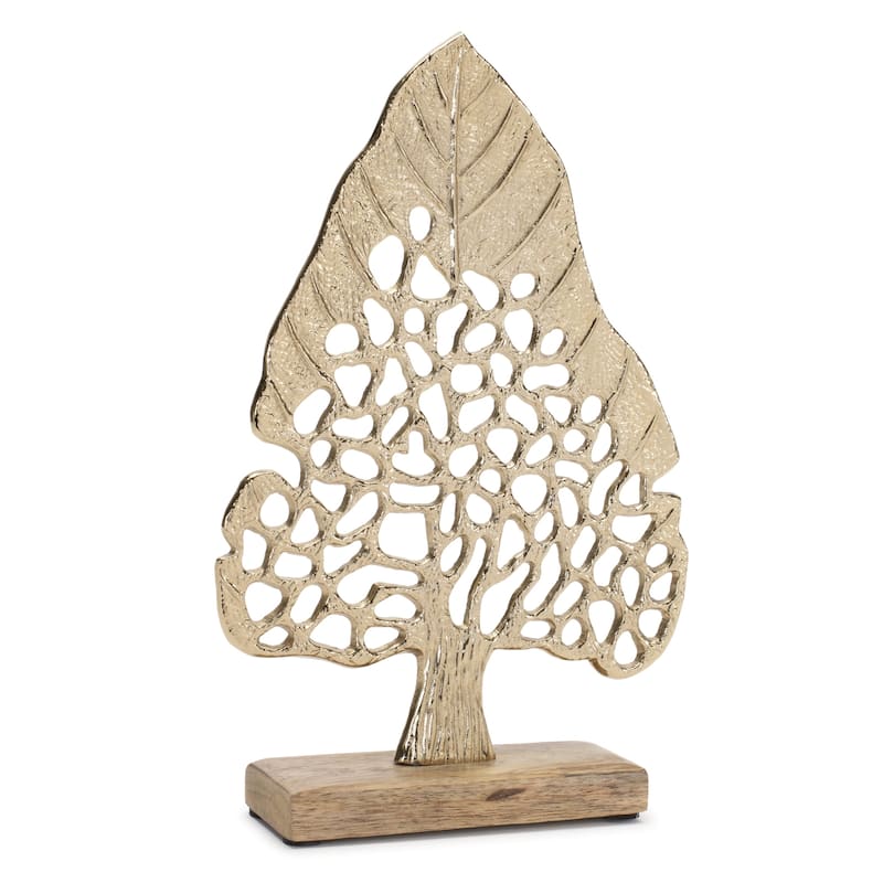 Modern Metal Leaf Tree on Wood Base (Set of 2)