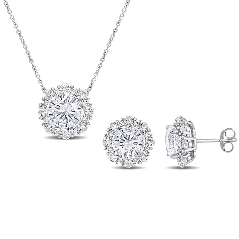 Miadora Created White Sapphire Halo Stud Earrings and Necklace Set in 10k White Gold