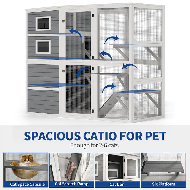 Large Ourdoor Catio Outdoor Cat Enclosure Cat Wooden Cage - Grey
