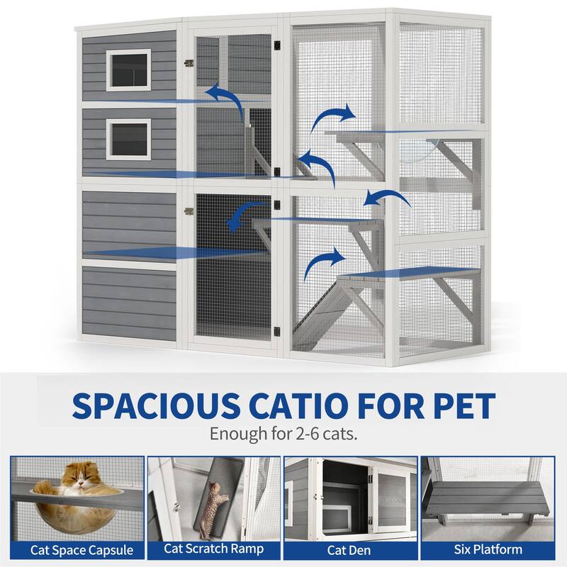 Moasis 78" Width Large Catio Outdoor Cat Enclosure Cat Kennel Wooden Cage with Platforms