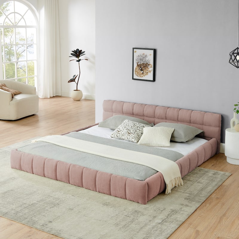 Block Thick Chenille Low Profile Platform Bed Fabric Upholstered Bedframe with Headboard Solid Wood Frame - Optional Storage Bed - Pink - King