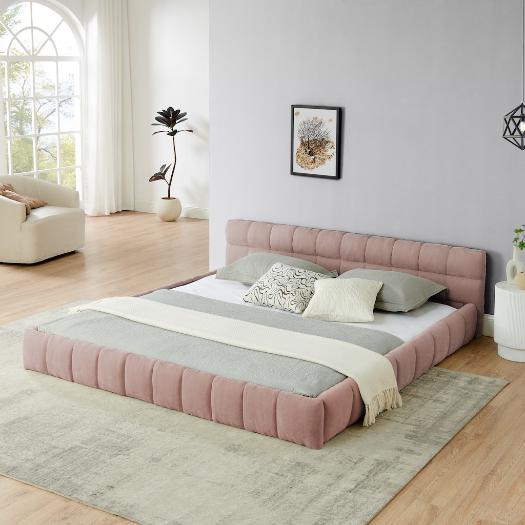 King Size Upholstered Platform Bed with Headboard, Pink Chenille Fabric, No Box Spring Needed