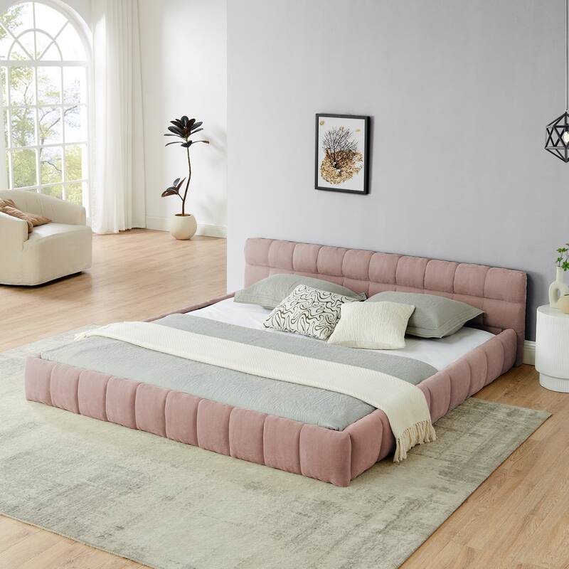 Platform Bed Frame, Chenille Upholstered Bed with Headboard and Solid Frame - Pink - King
