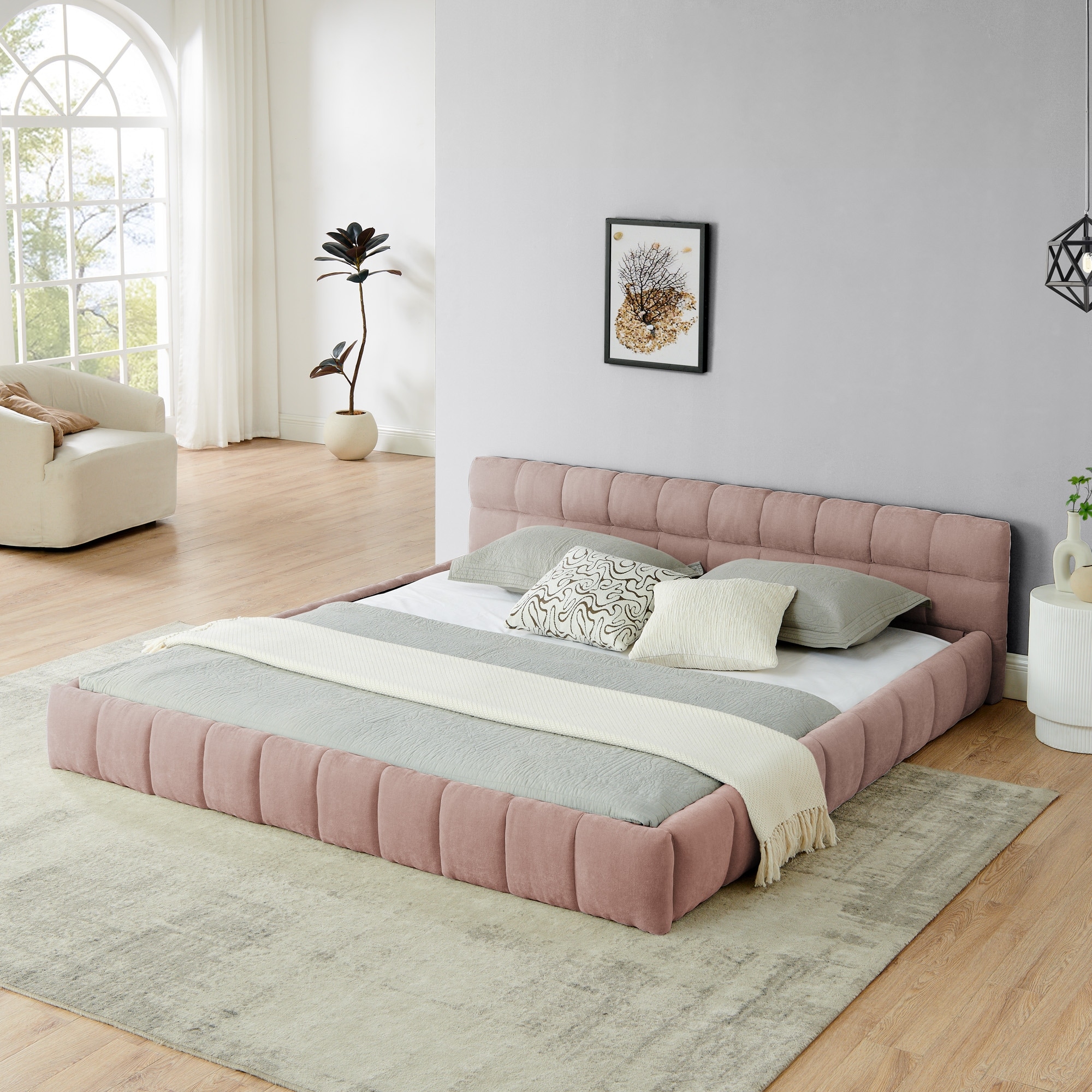 Roomfitters King Upholstered Low Platform Bed, Chenille Fabric Frame with Headboard, No Box Spring Needed